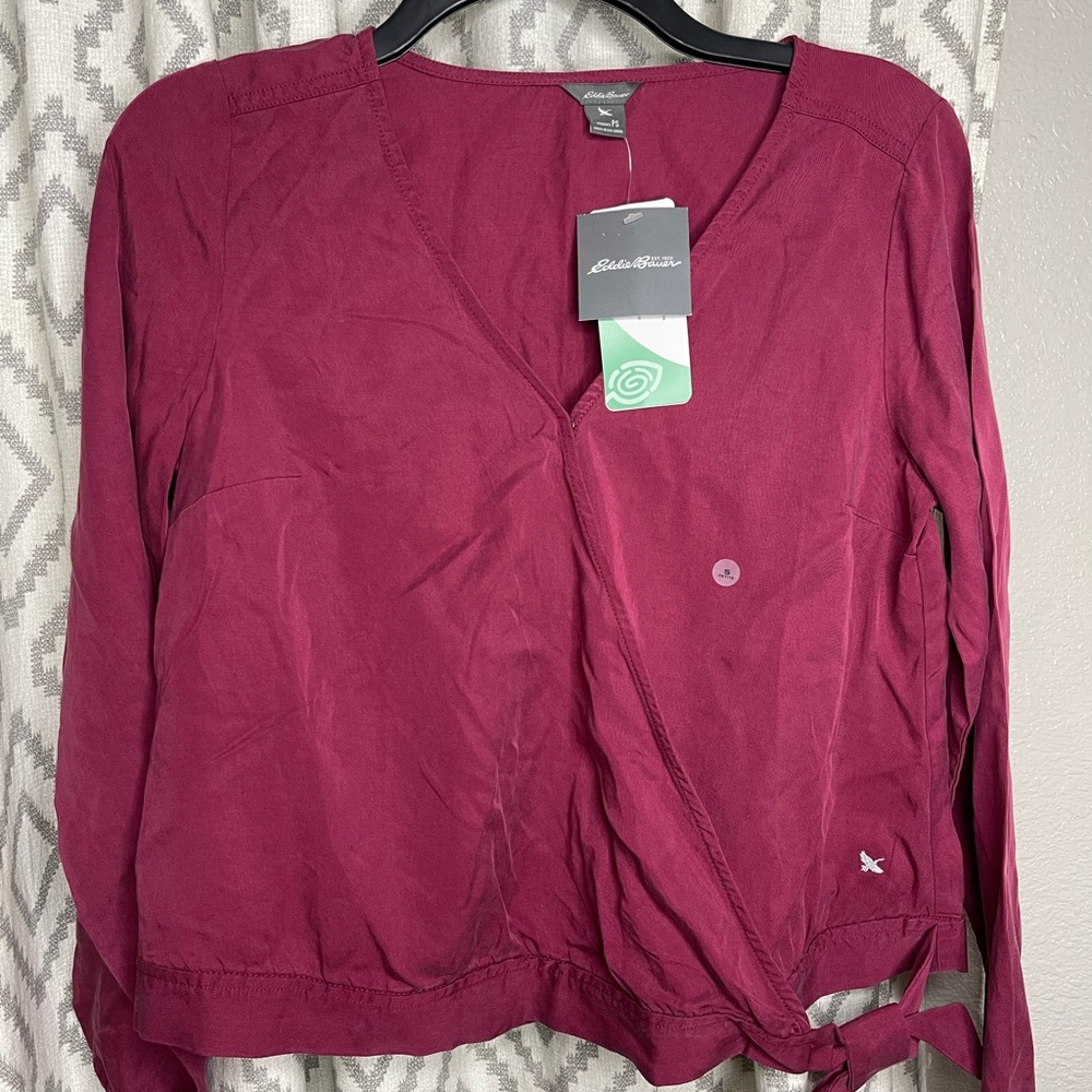 NWT Eddie Bauer Ruby Red Tranquil Tie Wrap Long Sleeve Tencel Top Small